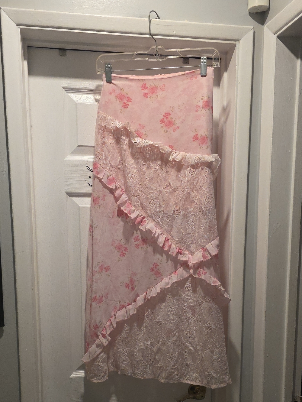 SHEIN Pink Floral Lace Ruffle Maxi Skirt